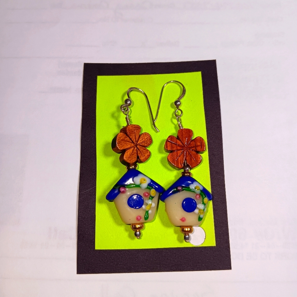 Charming Blue and White Birdhouse Silvertone Glass & Wood Pierced Earring NWOT